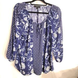 Fred David blue floral wmns tunic tie top sz M